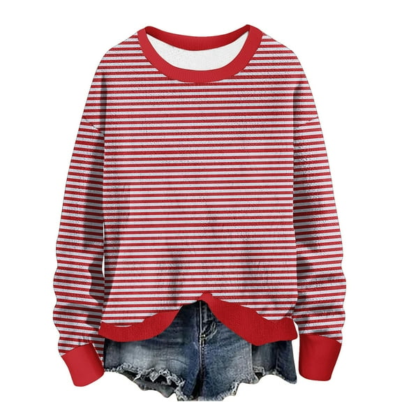 hotojiny Long Sleeve Sweatshirt for Women Casual Crew Neck Knit Pullover Tops Fall Fashion Striped Tunic Tops