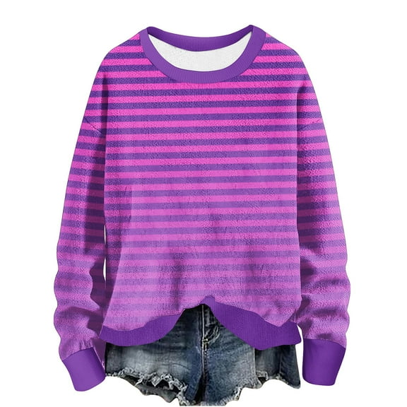 hotojiny Long Sleeve Sweatshirt for Women Casual Crew Neck Knit Pullover Tops Fall Fashion Striped Tunic Tops