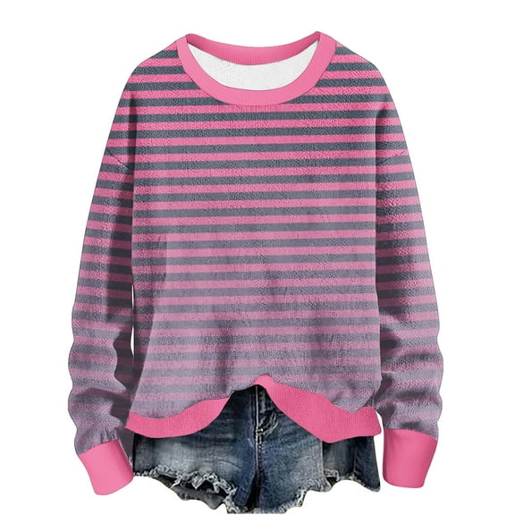 hotojiny Long Sleeve Sweatshirt for Women Casual Crew Neck Knit Pullover Tops Fall Fashion Striped Tunic Tops