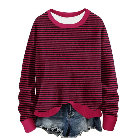 hotojiny Long Sleeve Sweatshirt for Women Casual Crew Neck Knit Pullover Tops Fall Fashion Striped Tunic Tops