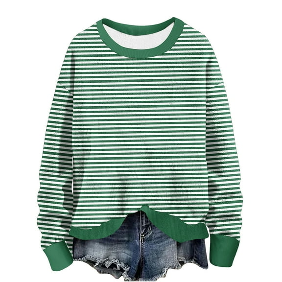 hotojiny Long Sleeve Sweatshirt for Women Casual Crew Neck Knit Pullover Tops Fall Fashion Striped Tunic Tops