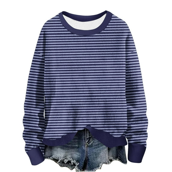 hotojiny Long Sleeve Sweatshirt for Women Casual Crew Neck Knit Pullover Tops Fall Fashion Striped Tunic Tops
