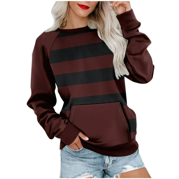 hotojiny Long Sleeve Sweatshirt for Womens Crew Neck Casual Pullover Shirts with Pocket Fall Striped Tunic Tops