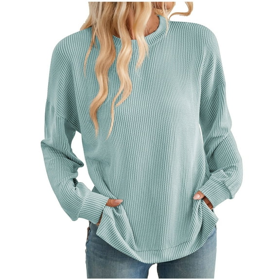 hotojiny Long Sleeve Sweatshirts for Women Fall Crew Neck Ribbed Knit Pullover Tops Side Slit Casual Loose Tunic Tops