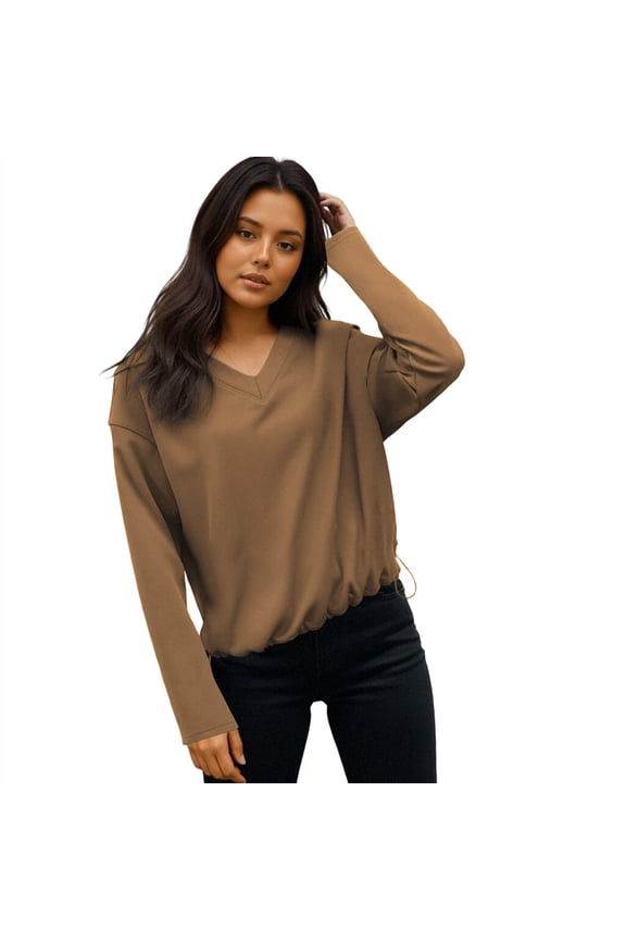 Long Sleeve T Shirts for Women Trendy Drawstring Hem Tees Casual Workout Elastic Hem V Neck Spring Fall Top