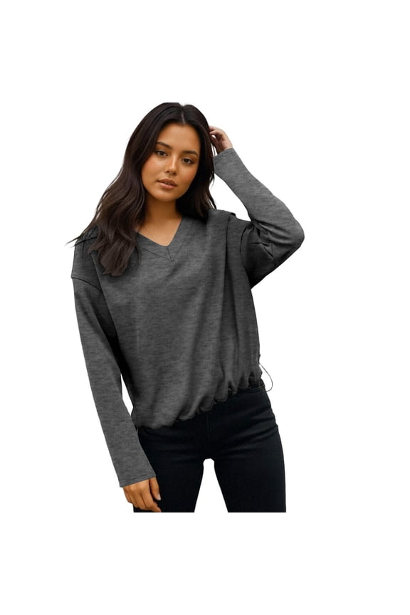 Long Sleeve T Shirts for Women Trendy Drawstring Hem Tees Casual Workout Elastic Hem V Neck Spring Fall Top