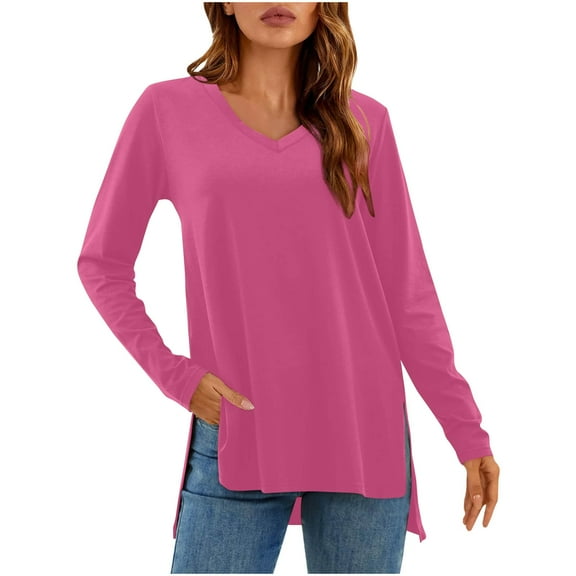 hotojiny Long Sleeve Tops for Women Fall Casual V Neck Basic T Shirts Side Slit Trendy Loose Tunics Tops