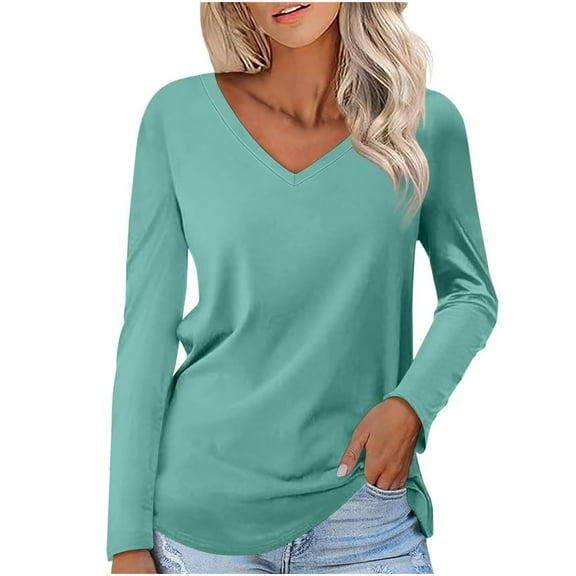 hotojiny Long Sleeve Tops for Women Fashion Spring Casual V Neck Basic Shirts Comfy Lounge Loose Solid Color Blouse