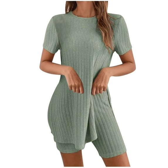 hotojiny Lounge Sets for Women 2 Piece Ribbed Knit Outfits Short Sleeve T-Shirt Biker Shorts Workout Sets Sleepwear
