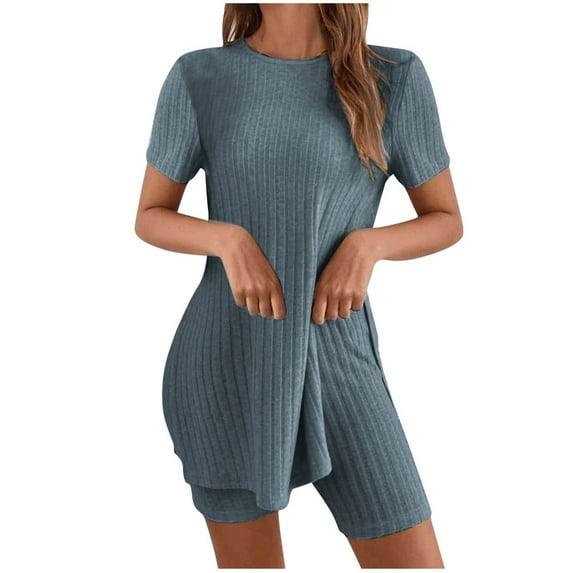 hotojiny Lounge Sets for Women 2 Piece Ribbed Knit Outfits Short Sleeve T-Shirt Biker Shorts Workout Sets Sleepwear