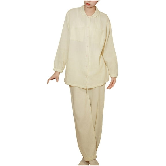 hotojiny Lounge Sets for Women Long Sleeve Collar Button Down Shirts and Pants Sleepwear Casual Pajamas Set with Pockets