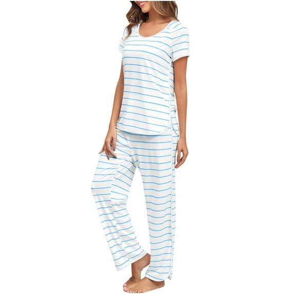 hotojiny Lounge Sets for Women Short Sleeve Crew Neck Top and Long Pants Sleepwear Loose Striped Pajama Sets