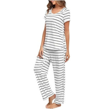 hotojiny Lounge Sets for Women Short Sleeve Crew Neck Top and Long Pants Sleepwear Loose Striped Pajama Sets