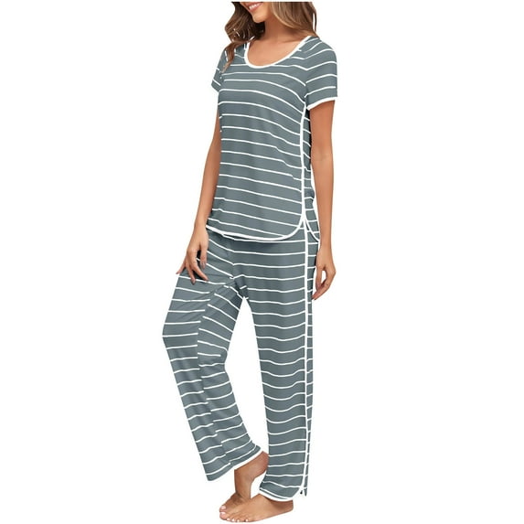 hotojiny Lounge Sets for Women Short Sleeve Crew Neck Top and Long Pants Sleepwear Loose Striped Pajama Sets