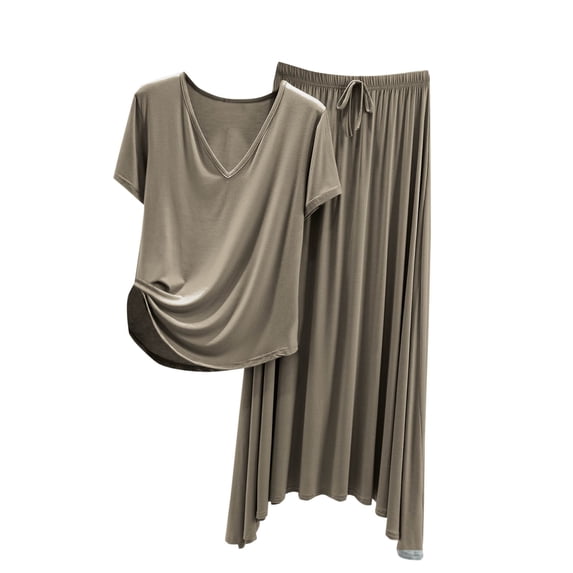 hotojiny Lounge Sets for Women Short Sleeve V Neck Top with Long Skirt Soft Pajama Sets 2 Piece Pj Sets Sleepwear