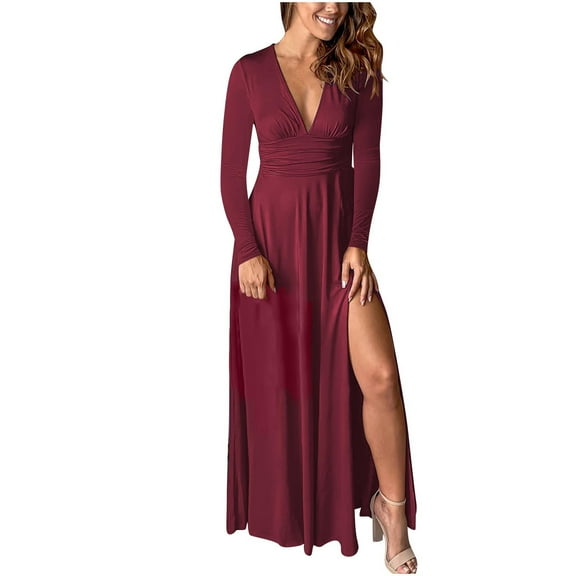 hotojiny Maxi Dresses for Women Long Sleeve Deep V Neck High Slit Dress Cocktail Party Club Long Dress