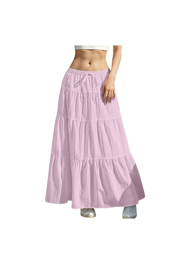 Maxi Skirts for Women Summer Boho Flowy Long Skirts High Waist Pleated Tiered A-Line Casual Beach Skirts with Drawstring