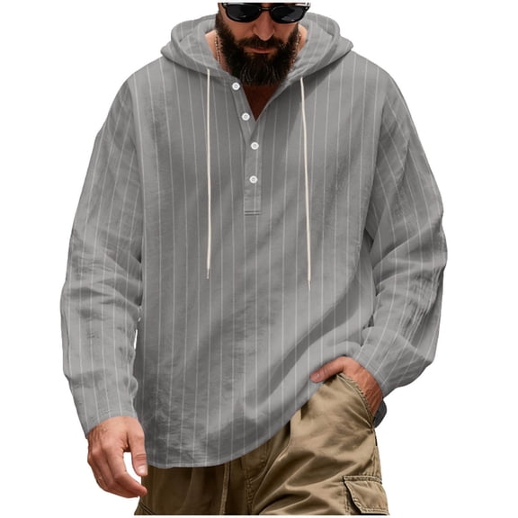 hotojiny Men Linen Shirt Casual Beach Summer Tops Stylish Striped Long Sleeve Drawstring Pullover Lightweight Fashion Hoodies