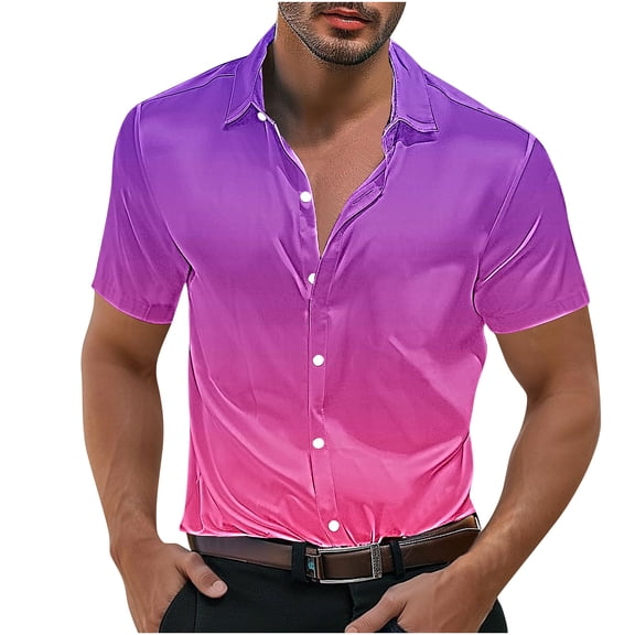hotojiny Men Satin Silk Shirt Stylish Gradient Short Sleeve Button Down Shirt Summer Tops Party Wedding Clubwear S-5XL