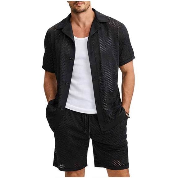 hotojiny Men Summer Casual Short Sets Breathable Mesh Short Sleeve Button down Shirt Elastic Waist Shorts 2 Piece Outfits Tracksuit(Black,Large)