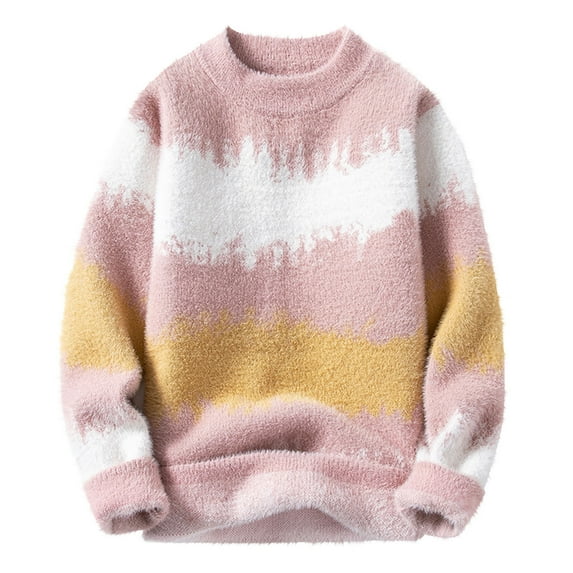 hotojiny Men Sweaters Oversized Fashion Colorblock Fleece Knit Pullover Autumn Winter Thermal Sherpa Lined Long Sleeve Clothing