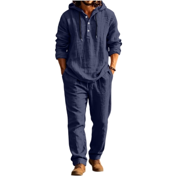 hotojiny Men Sweatsuit 2 Piece Outfit Big and Tall Long Sleeve Half Button Hoodie with Casual Sweatpants Sweat Suit(Navy,Large)