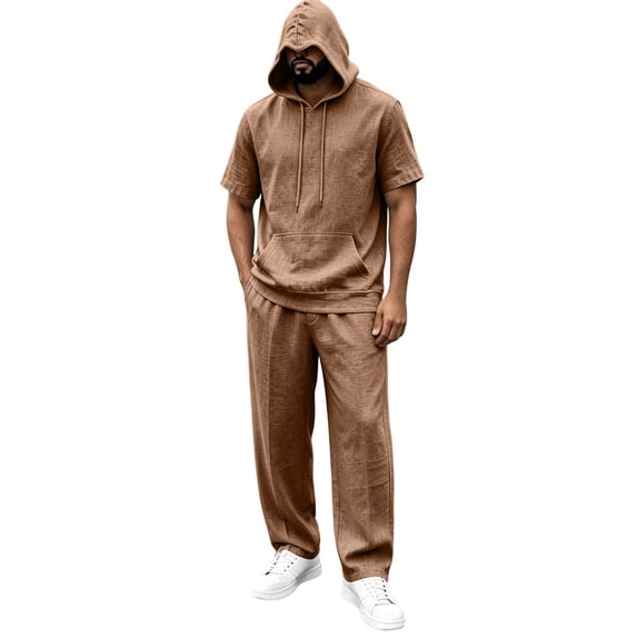 hotojiny Men's 2 Piece Sets Summer Beach Outfits Cotton Linen Short Sleeve Hoodie and Comfy Pants Casual Loose Vacation Set(Brown,3X-Large)