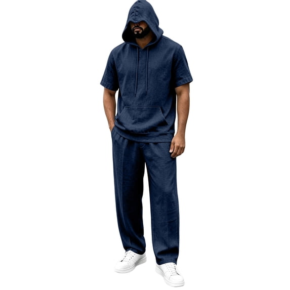hotojiny Men's 2 Piece Sets Summer Beach Outfits Cotton Linen Short Sleeve Hoodie and Comfy Pants Casual Loose Vacation Set(Navy,Large)