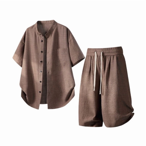 hotojiny Men's 2 Piece Shorts Set Oversized Button down Shirt and Wide Leg Shorts Casual Clothing Plus Size Matching Outfits(Coffee,X-Large)