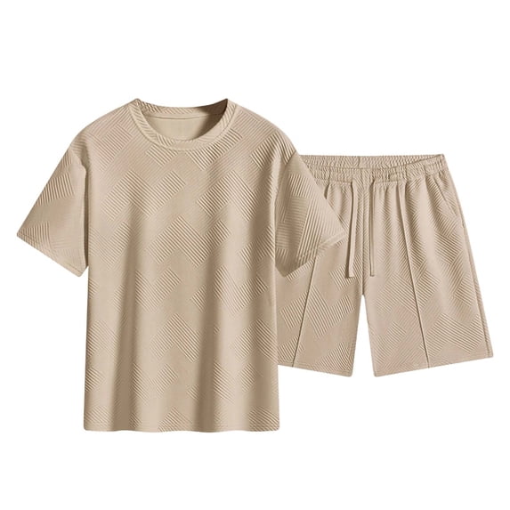 hotojiny Men's 2 Piece Summer Outfit Short Sleeve Crew Neck T-Shirts and Drawstrings Shorts Sets Beach Vacation Tracksuits(Khaki,Small)