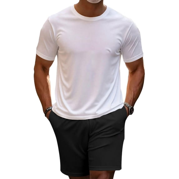 hotojiny Men's 2 Piece Summer Outfits Comfortable Short Sleeve T-Shirt and Athletic Shorts Set Casual Running Tracksuits(White,X-Large)