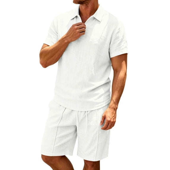 hotojiny Men's 2 Pieces Linen Set Breathable Short Sleeve Collared T-Shirts and Bermuda Shorts Summer Beach Travel Outfits(White,X-Large)