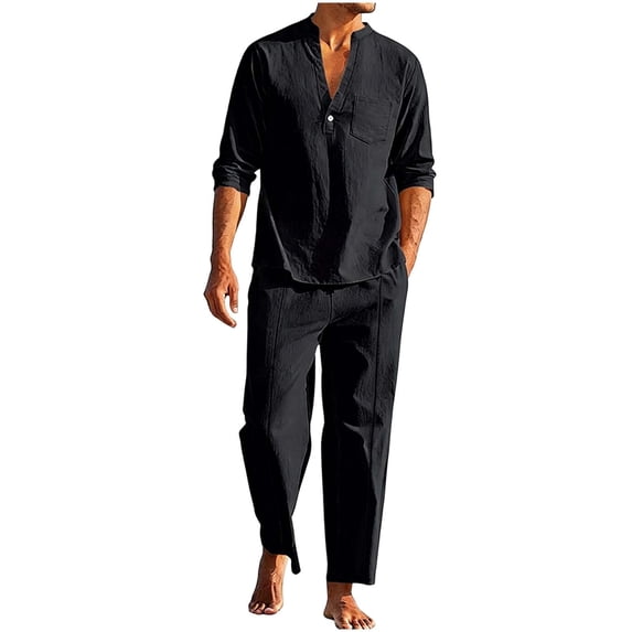 hotojiny Men's 2 Pieces Linen Set Lightweight Henley Shirt Long Sleeve Top and Casual Beach Pants Summer Yoga Outfits(Black,Large)