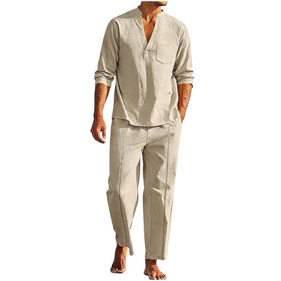 hotojiny Men's 2 Pieces Linen Set Lightweight Henley Shirt Long Sleeve Top and Casual Beach Pants Summer Yoga Outfits(Khaki,Small)