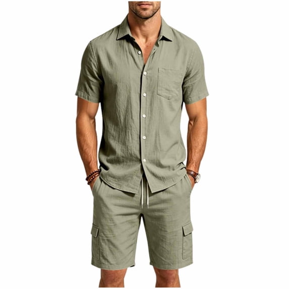 hotojiny Men's 2 Pieces Linen Set Solid Button down Beach Shirt Short Sleeve Top and Bermuda Cargo Shorts Matching Outfit(Army Green,Small)
