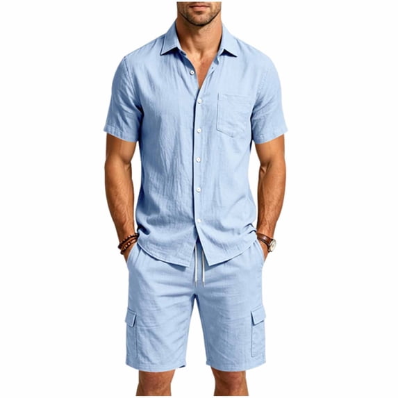 hotojiny Men's 2 Pieces Linen Set Solid Button down Beach Shirt Short Sleeve Top and Bermuda Cargo Shorts Matching Outfit(Light Blue,Large)