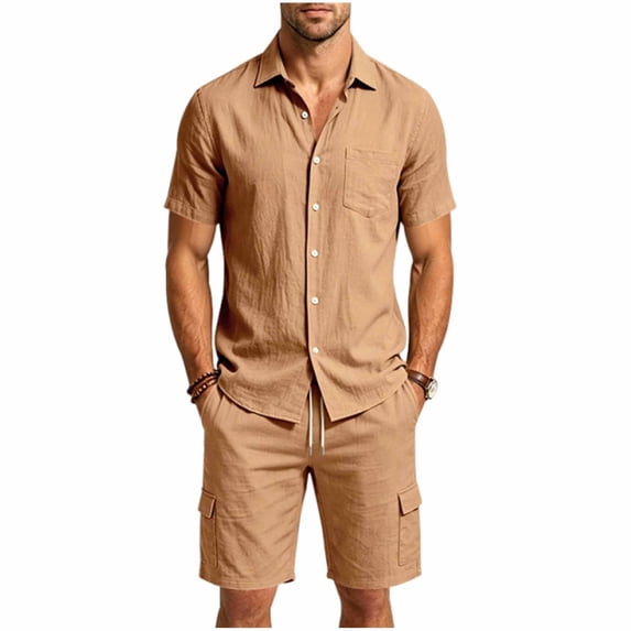 hotojiny Men's 2 Pieces Linen Set Solid Button down Beach Shirt Short Sleeve Top and Bermuda Cargo Shorts Matching Outfit(Yellow,X-Large)