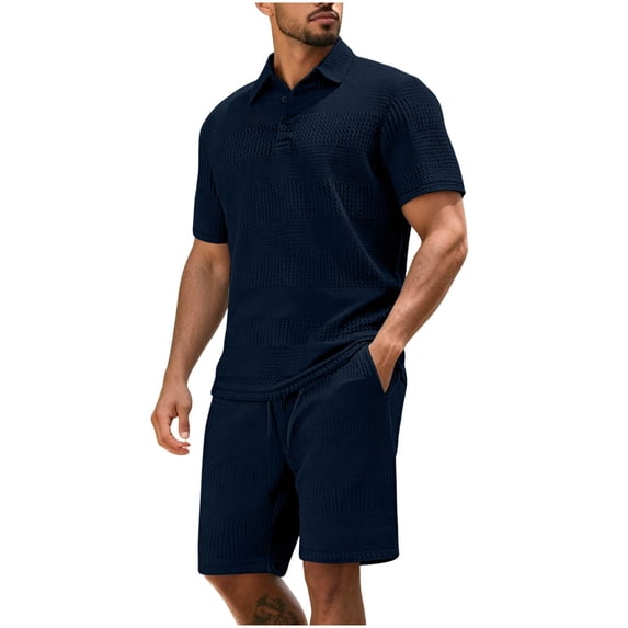 hotojiny Men's 2 Pieces Outfits Shirt and Shorts Set Breathable Solid Color Collared Golf Top Lightweight Matching Sweatsuit(Navy,Large)