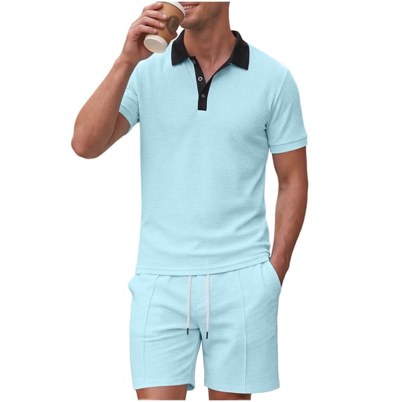 hotojiny Men's 2 Pieces Summer Outfits Stylish Color Block Button Collared Shirt and Shorts Set for Golf Beach Clothes(Sky Blue,Small)