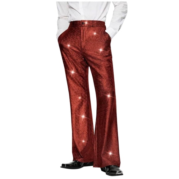 hotojiny Men's 70s Disco Pants Glitter Sequin Button Flare Trousers Pull on Bell Bottom Night Club Party Dance Outfits