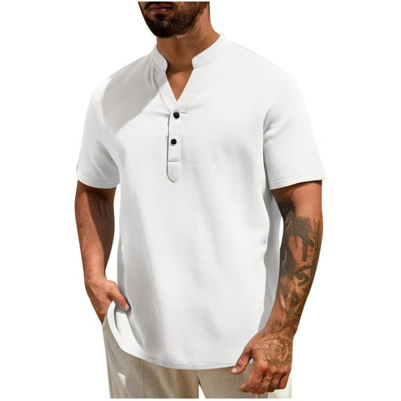 hotojiny Men's Big and Tall Henley T-Shirts Casual Short Sleeve Loose Fit Shirt Summer V Neck Button Beach Golf Tee