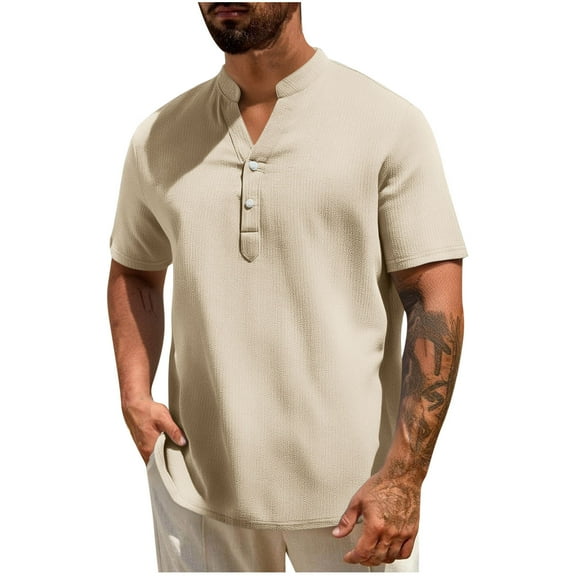 hotojiny Men's Big and Tall Henley T-Shirts Casual Short Sleeve Loose Fit Shirt Summer V Neck Button Beach Golf Tee