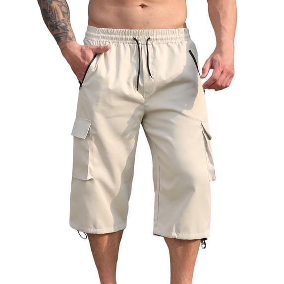 hotojiny Men's Capri Pants Cargo Hiking Work Shorts Straight Leg Below Knee Twill Casual Summer Long Shorts with Drawstring