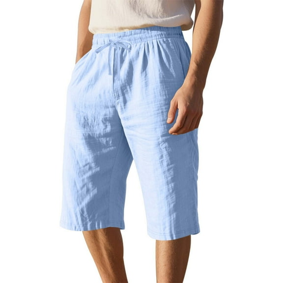 hotojiny Men's Capri Pants Casual Lightweight Big and Tall Beach Capris Drawstring Elastic Waist Cropped Trousers with Pockets