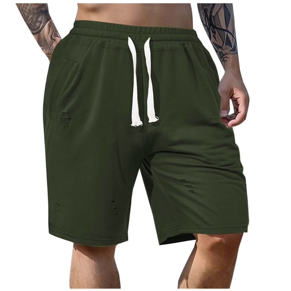 hotojiny Men's Casual Shorts Summer Vintage Ripped Knee Length Shorts Classic Fit Bermuda Sweat Shorts Streetwear