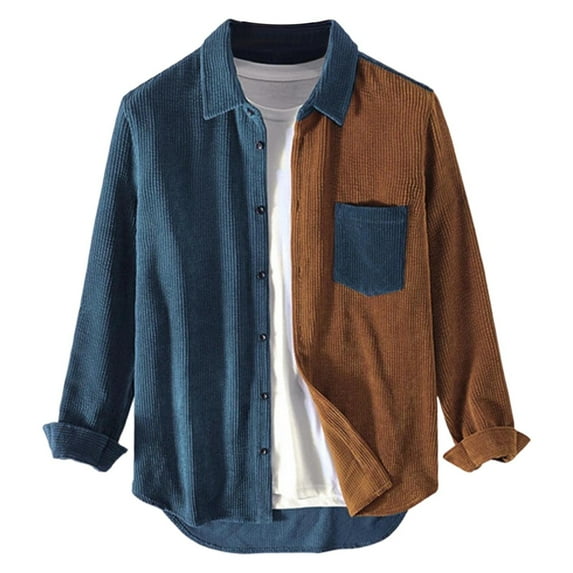 hotojiny Men's Corduroy Button down Shirts Stylish Colorblock Long Sleeve Shacket Jacket Casual Curved Hem Coat with Pockets