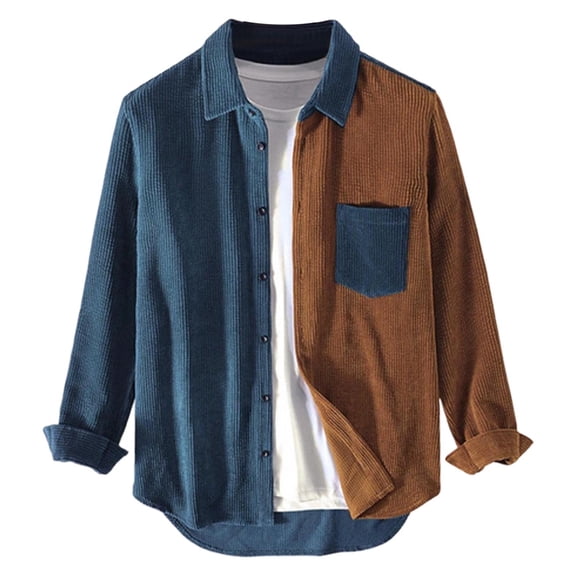 hotojiny Men's Corduroy Button down Shirts Stylish Colorblock Long Sleeve Shacket Jacket Casual Curved Hem Coat with Pockets