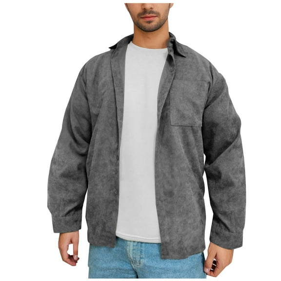 hotojiny Men's Corduroy Shirts Casual Long Sleeve Button down Shacket Jackets Vintage Loose Fall Tops Coat with Pocket