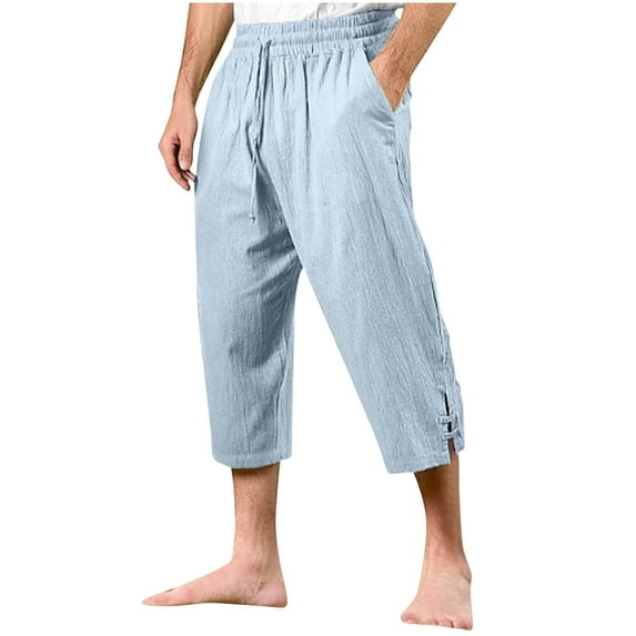 hotojiny Men's Cotton Linen Capri Pants Summer Beach 3/4 Pants Baggy Drawstring Yoga Cropped Trousers with Pockets
