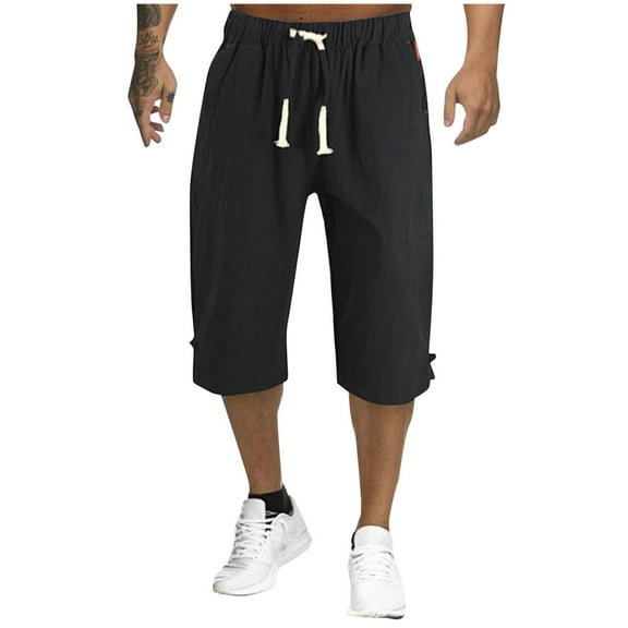 hotojiny Men's Cotton Linen Capri Pants Casual Lightweight Drawstring Cropped Pants Big and Tall Men Beach Pants with Pockets
